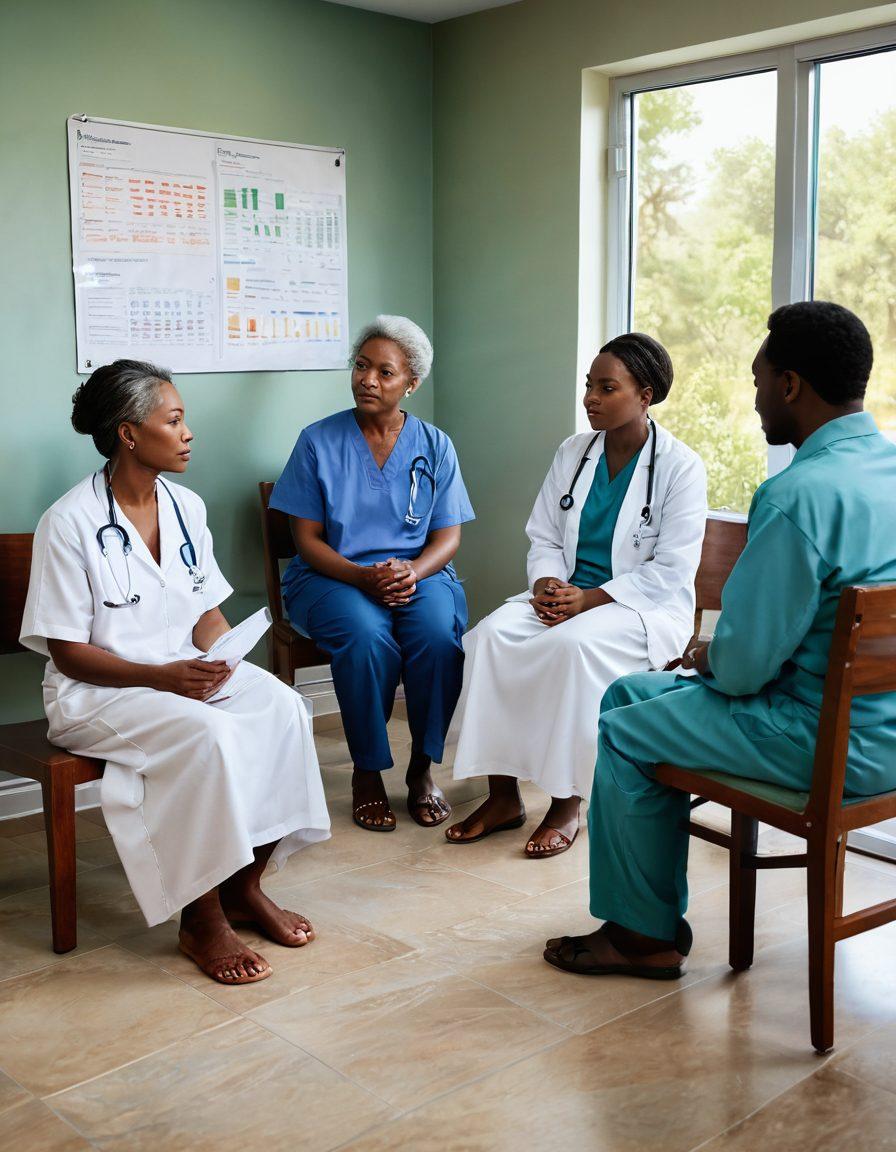 A calming scene depicting a diverse group of patients in a serene healthcare setting, reviewing treatment options with knowledgeable healthcare professionals. Include visuals of informational charts, therapy equipment, and supportive family members. The atmosphere should convey hope and compassion, with soft natural lighting enhancing the environment. super-realistic. vibrant colors. soothing background.
