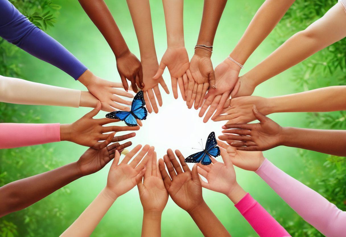 An uplifting scene of diverse individuals engaging in a support group meeting, with warm smiles and encouraging gestures. Include elements symbolizing strength such as intertwined hands and a vibrant butterfly, representing hope and transformation. A soft, natural background with hints of greenery to evoke a feeling of community and healing. Include subtle details like ribbons representing cancer awareness. super-realistic. vibrant colors. natural light.