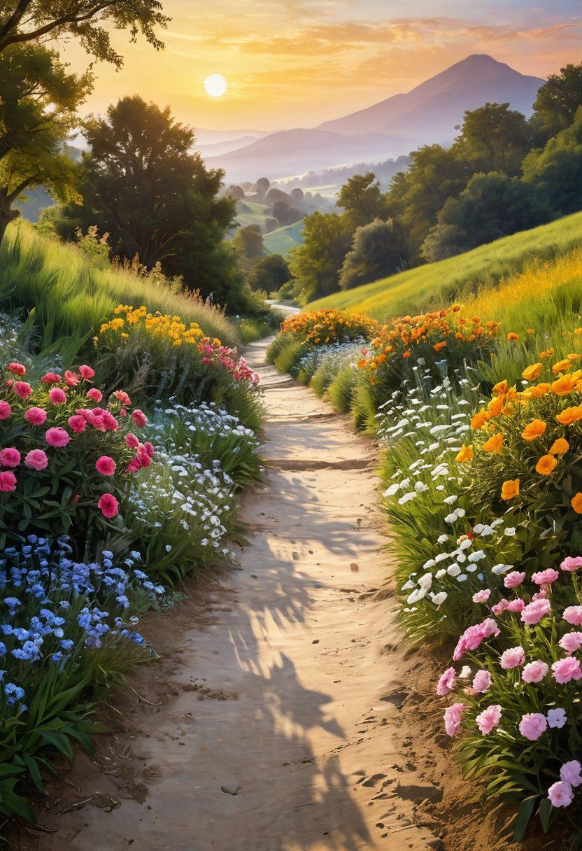 A serene pathway illuminated by soft golden light, lined with supportive hands reaching out, symbolizing guidance and care for cancer patients. Along the path, vibrant flowers bloom representing hope and resilience, with comforting symbols like a heart and a ribbon subtly integrated into the scenery. In the background, gentle hills and a warm sky evoke feelings of optimism and strength. digital painting. vibrant colors. soothing atmosphere.